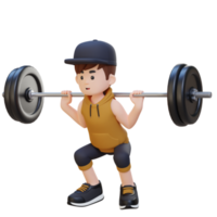 3D Sportsman Character Building Lower Body Strength with Barbell Squat Workout png