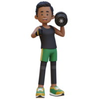 3d desportista personagem dando uma polegares acima enquanto segurando haltere png