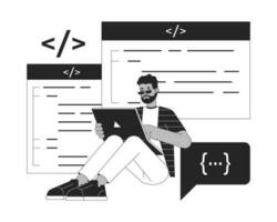 Programmer sitting with laptop bw concept vector spot illustration. Freelancer 2D cartoon flat line monochromatic character for web UI design. Editable isolated outline hero image