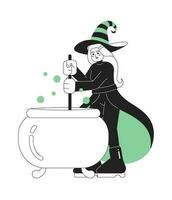 Happy halloween witch monochrome concept vector spot illustration. Wicked witch cauldron 2D flat bw cartoon character for web UI design. Brewing magic potion isolated editable hand drawn hero image