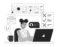 Multitask freelancer bw concept vector spot illustration. Remote work. Busy woman working on laptop 2D cartoon flat line monochromatic character for web UI design. Editable isolated outline hero image