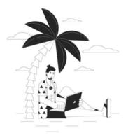 Freelancer on vacation bw concept vector spot illustration. Caucasian man with laptop working 2D cartoon flat line monochromatic character for web UI design. Editable isolated outline hero image