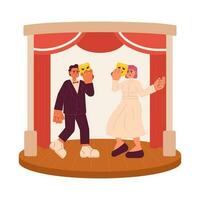 Theatre performance 2D vector isolated spot illustration. Creative hobby. Talented flat man and woman holding masks and acting on stage on white background. Colorful editable scene