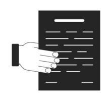 Hand gives paper blank flat monochrome isolated vector object. Share information. Editable black and white line art drawing. Simple outline spot illustration for web graphic design