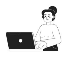 Pretty caucasian young woman with laptop monochromatic flat vector character. Editable thin line half body woman typing on keyboard on white. Simple bw cartoon spot image for web graphic design