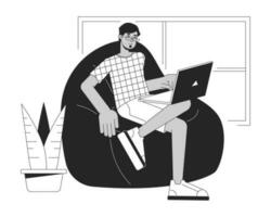 Muslim freelancer working at home bw concept vector spot illustration. Remote work 2D cartoon flat line monochromatic character for web UI design. Editable isolated outline hero image