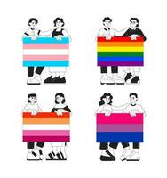 contento personas con lgbt banderasmonocromáticas plano vector caracteres embalar. lgbt simpático comunidad 2d plano bw dibujos animados caracteres para web ui diseño. aislado editable creativo héroe imágenes