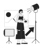 Freelance photographer in studio bw concept vector spot illustration. Asian woman with camera 2D cartoon flat line monochromatic character for web UI design. Editable isolated outline hero image