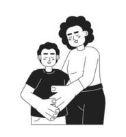 Mother hugging preteen son monochromatic flat vector characters. Gentle parenting. Affectionate mom. Editable thin line half body people on white. Simple bw cartoon spot image for web graphic design