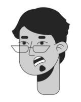 Perplexed young man monochrome flat linear character head. Guy in trendy glasses with beard. Editable outline hand drawn human face icon. 2D cartoon spot vector avatar illustration for animation