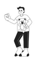 Angry preteen boy with stuffed bear threatening monochromatic flat vector character. Boy stealing toy. Editable thin line full body person on white. Simple bw cartoon spot image for web graphic design