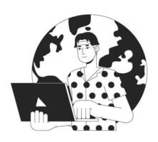 Handsome asian man typing on laptop bw concept vector spot illustration. Freelancer global work 2D cartoon flat line monochromatic character for web UI design. Editable isolated outline hero image