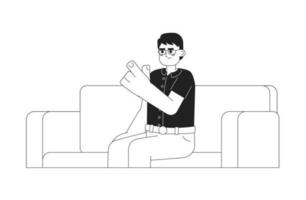 Irritated asian man wagging finger monochromatic flat vector character. Strict teacher finger pointing. Editable thin line person on white. Simple bw cartoon spot image for web graphic design