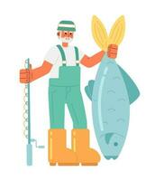 Old fisherman holding big fish and fishing rod flat concept vector spot illustration. Cheerful senior man hobby 2D cartoon character on white for web UI design. Isolated editable creative hero image