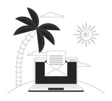 Email on laptop flat monochrome isolated vector object. Online communication at vacation. Editable black and white line art drawing. Simple outline spot illustration for web graphic design