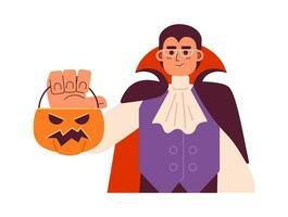 Glasses vampire holding trick or treat basket semi flat color vector character. Dracula with candy bucket. Editable half body person on white. Simple cartoon spot illustration for web graphic design