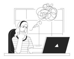 Anxious woman working at office bw concept vector spot illustration. Freelancer 2D cartoon flat line monochromatic character for web UI design. Editable isolated outline hero image