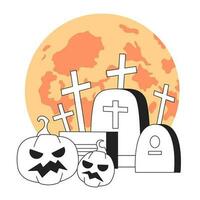 Tombstones pumpkins with glowing moon monochrome concept vector spot illustration. Graveyard jack o lanterns 2D flat bw cartoon composition for web UI design. Isolated editable hand drawn hero image