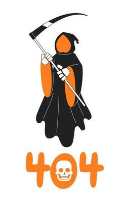 Halloween death black white error 404 flash message. Grim reaper holding scythe. Spirit. Monochrome empty state ui design. Page not found popup cartoon image. Vector flat outline illustration concept