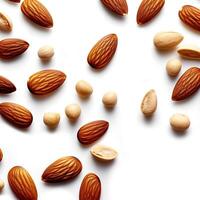 Background of mixed almonds nuts and hazelnuts. Scattered nuts on a white background. Top view photo