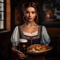 Cute girl waiter with beer and buns in a national Bavarian outfit on a blurred background of a pub. photo