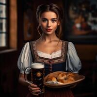 Cute girl waiter with beer and buns in a national Bavarian outfit on a blurred background of a pub. Generative AI photo