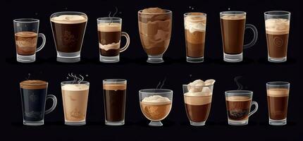 diferente tipos de café. bebidas recopilación. un grande conjunto de café bebidas ai generado foto