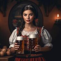 Beautiful waitress girl with glasses of beer against the background of a blurry tavern. Generative AI photo