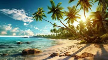 tropical arenoso playa. atmósfera de verano vacaciones. calma verano vacaciones o festivo paisaje. generativo ai foto