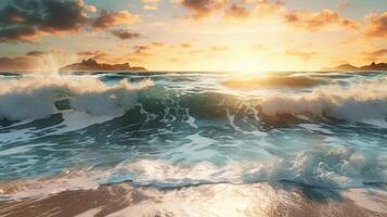 Waves splashing at shore and bright sun reflecting on seascape against sky at sunset. photo