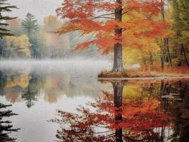 Morning fog over the lake in the autumn forest. High-quality images of fall foliage reflected in water oil painting. AI Generated photo