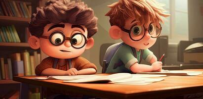 Two boys with glasses, at a school desk, in cartoon style. Schoolchildren at the lesson. Shelves with books on the background. AI Generated photo