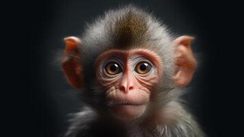 Close-up portrait of a small monkey. Bengal macaque on a black background. Wild exotic animal on a horizontal banner. Generative AI. photo