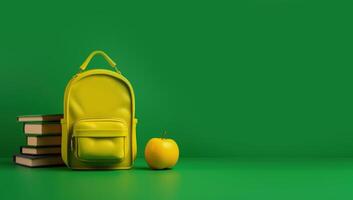 School backpack and books on a green background with space for text. Backpack is a symbol of education. Back to school. Free space for your decoration. photo