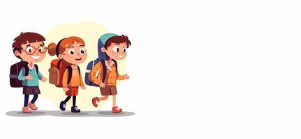 Cute kids going to school in cartoon style. Illustration of children with backpacks on a white background with space for text. AI generated photo