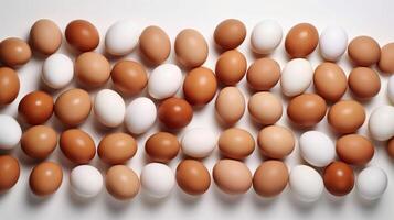 Eggs on white floor top view. Eggs pattern. White and brown chicken eggs. To advertise the incubator, the concept of future chickens. photo