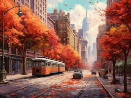 Streets of New York City in Autumn. An autumn windy day on a quiet city street. Retro style. AI Generated photo