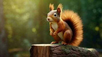 A squirrel siting on a stump. Sunny day in the forest, bokeh effect. AI Generated photo