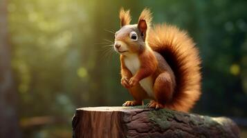 A squirrel siting on a stump. Sunny day in the forest, bokeh effect. photo
