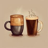 Coffee and tea watercolor illustration. Two cups of hot drinks on a beige background. AI generated photo