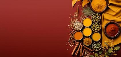 Spices for cooking. Composition of various spices and cereals on a brown background, top view, space for copying. photo