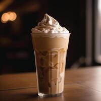 Ice latte with whipped cream. The cold coffee drink on the table. Coffee frappe on a wooden table. Selective focus, bokeh. AI generated photo