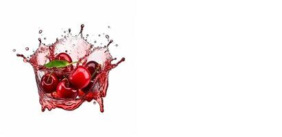 Cherries in a drop of red juice on a white background with space for text. The original composition of ripe cherries in juice. photo