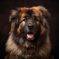 estudio retrato de un grande mullido perro. mascota de cerca en un oscuro antecedentes. generativo ai foto