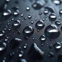 Drops of pure water, rain isolated on dark gray background. Blur. photo