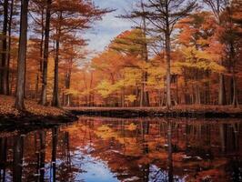 Autumn view of the forest stream. Reddish-brown trees are reflected in the city pond. AI Generated photo