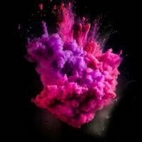 An explosion of pink, purple and powder on a black background. An exciting moment of powder explosion. Generative AI photo