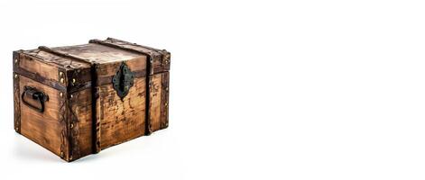 Vintage Shipping and Storage Trunk. Wooden stylish box, chest on a white background with space for text. photo