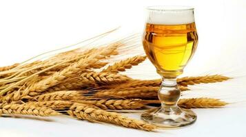 Natural beer and wheat on a white background. Light beer against the background of spikelets of barley. AI Generated photo