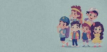 Illustration of children with backpacks on a blue background with space for text. photo